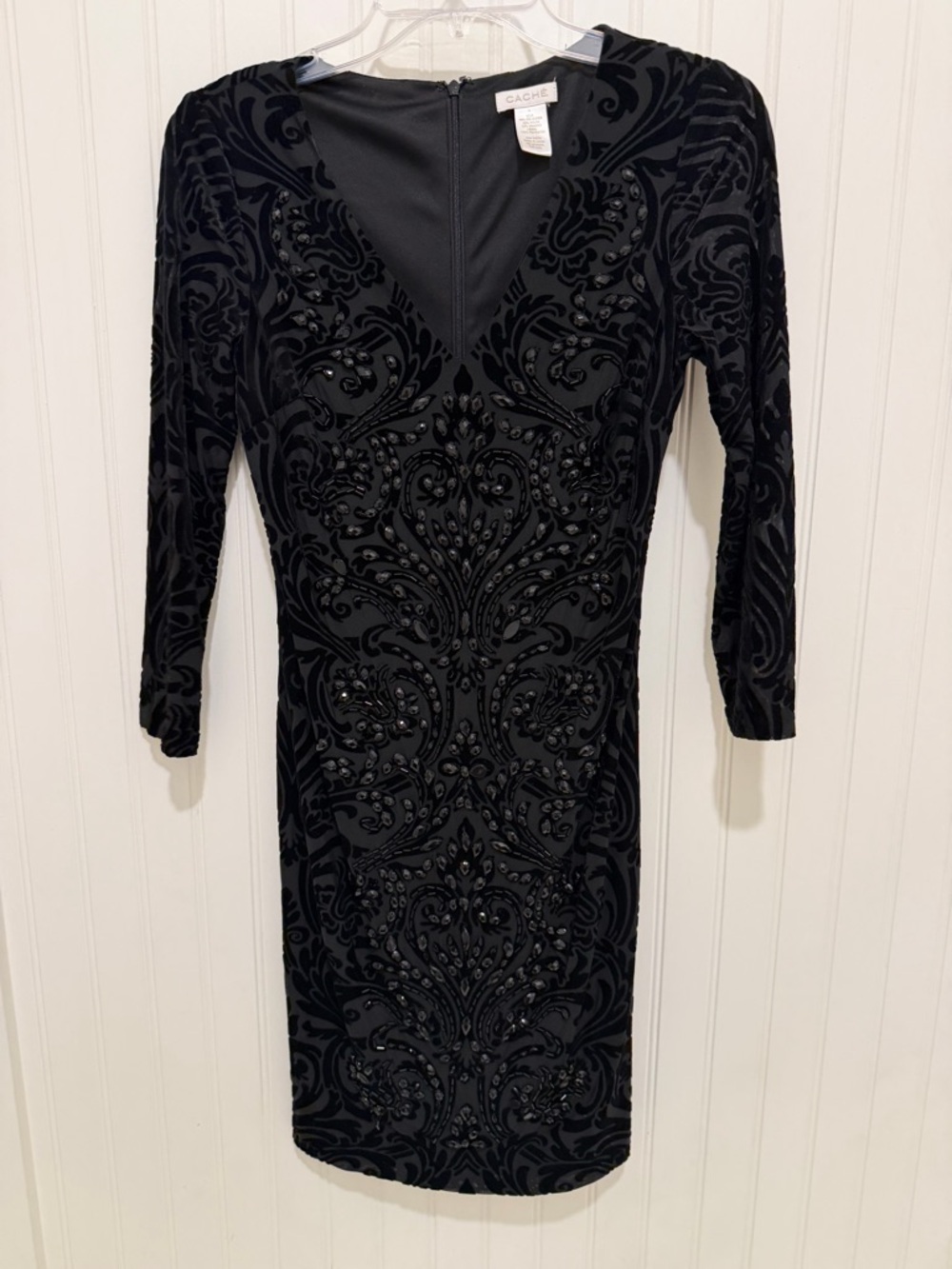 Cache Black Velvet Burnout Beaded V-Neck Knee Length Dress 4